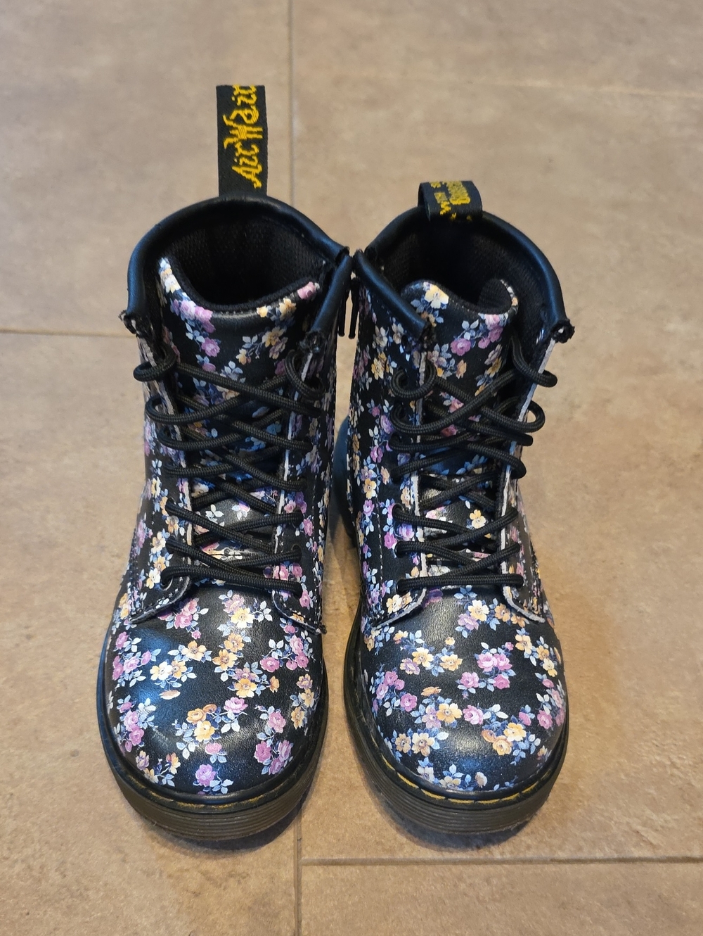 Dr Martens Floral Combat Boots - Black with Pink & Cream Flowers Size 10 Toddler
